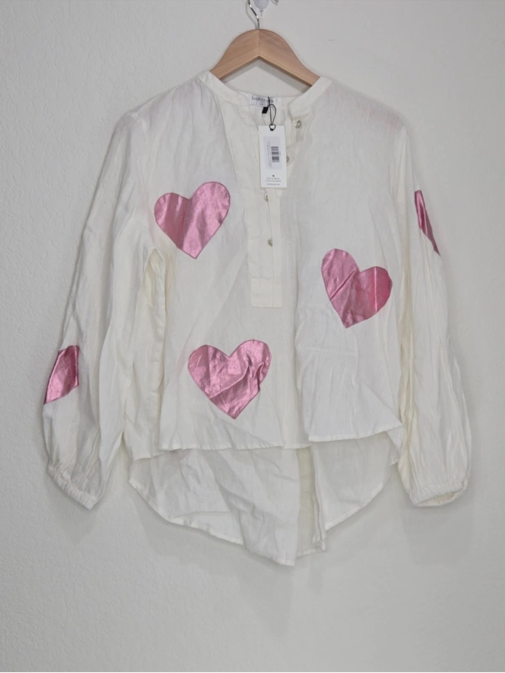 Lanhtropy Cupid Linen Shirt Off White With Foil Pink Hearts Size S Womens NEW